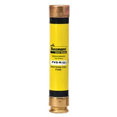 Fast-acting cylindrical fuse rated 50 A and 600 V DC, AC/DC compatible. Designed for overcurrent protection in solar photovoltaic systems, including combiner boxes, inverters, and panel strings.