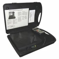 Electronic refrigerant scale with 110 lb maximum capacity and built-in display. Accuracy of ± 2 g supports precise charging of HVAC and refrigeration systems. Programmable functions allow for controlled refrigerant dispensing. Includes carrying case for portability.