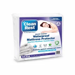 White mattress pad for California King beds, measuring 84 inches long by 72 inches wide. Features a polyurethane cover and a polyester blend pad material with a fabric weight of 3.39 oz. Suitable for use in hospitality, healthcare, and residential settings to protect mattresses from dust, spills, and wear.