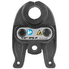 This press jaw is designed for use with compact press tools to crimp press fittings onto 1/2 in pipe. It is constructed from steel and stainless steel, suitable for black iron or stainless steel piping. Compatible with the Elkhart PowerPress system, it is used in plumbing, HVAC, and industrial piping applications.