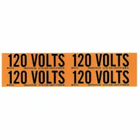 Self-stick vinyl label for marking conduits and equipment carrying 120 volts. Each label measures 4 1/8 in wide by 1 1/8 in high, with legend '120 Volts'. Supplied in a 5-pack for use in electrical identification applications