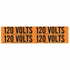 Self-stick vinyl label for marking conduits and equipment carrying 120 volts. Each label measures 4 1/8 in wide by 1 1/8 in high, with legend '120 Volts'. Supplied in a 5-pack for use in electrical identification applications.