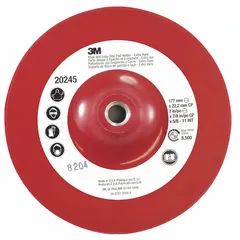 This 7-inch diameter backing pad features extra hard density and a non-vacuum design. It connects to tools via a 5/8"-11 internal thread and is used with hook-and-loop surface-conditioning discs for finishing, deburring, and blending applications.