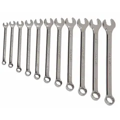 This 10-piece metric 12-point combination wrench set is constructed from alloy steel with a chrome finish. Each wrench features a 7.5° offset head angle for improved access in confined spaces. The set is suitable for tightening and loosening fasteners in general maintenance and repair tasks.