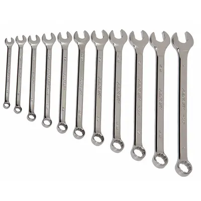 ABILITY ONE Combination Wrench Set: Alloy Steel, Chrome, 10 Tools, 7.5° Head Offset Angle - Metric 12-Point Combination Wrench Sets