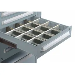 This LYON drawer bin divider is designed for use in modular drawer cabinets to organize and separate small parts. With an overall height of 1-7/8 inches and length of 6-1/4 inches, it helps maintain order in storage drawers for efficient retrieval.