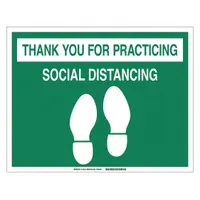 This 14 in x 18 in vinyl floor sign features a green background and is not retroreflective, making it suitable for indoor use where low-glare communication is desired. It is commonly used to reinforce social distancing messaging in industrial and commercial facilities