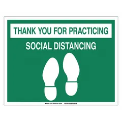 This 14 in x 18 in vinyl floor sign features a green background and is not retroreflective, making it suitable for indoor use where low-glare communication is desired. It is commonly used to reinforce social distancing messaging in industrial and commercial facilities.