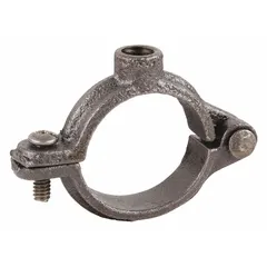 Cast iron split-ring hanger for supporting 1 1/2 in pipe or tube with a maximum outside diameter of 1 7/8 in. Accepts 3/8 in threaded rod for suspension. Used in plumbing, HVAC, and industrial piping systems to secure and align piping runs.