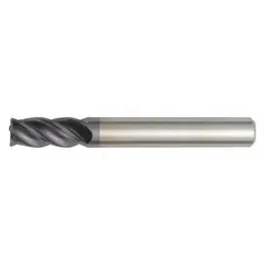 Solid carbide end mill with TiAlN coating, 4 flutes, 1/4" diameter, 3/8" length of cut, and 2" overall length. Corner-radius design strengthens cutting edge for reduced chipping and improved surface finish in steel and cast iron milling operations.