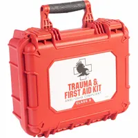This hard-shell nylon trauma kit contains 209 components including 50 flexible fabric bandages, 2 instant cold packs, 1 oz eye wash solution, 4 pairs of large responder nitrile gloves, and a first aid pocket guide. No medications are included. Suitable for workplace, industrial, and emergency response settings for wound care and eye irrigation