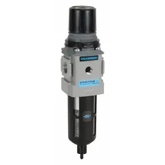 This WILKERSON filter-regulator combines a 5-micron filter and a pressure regulator in a single aluminum body. It has 1/4 in NPT ports, a flow capacity of 148 cfm, and an adjustable output pressure range of 0 psi to 125 psi. The nitrile seals ensure compatibility with compressed air systems. Typical applications include cleaning and regulating air in pneumatic circuits for industrial automation, machining, and material handling equipment.