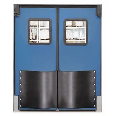 This insulated swinging door pair is constructed of blue polyethylene with a polycarbonate window. Each door measures 6 ft wide by 8 ft high. The set includes door seals, bumpers, and mounting hardware. It meets USDA standards for use in temperature-controlled and washdown environments.