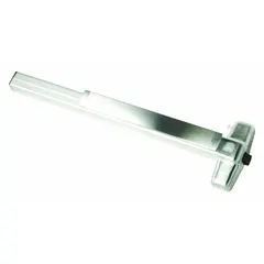 Aluminum rim-type exit device with touchbar style, designed for doors up to 4 ft wide. Features a night latch outside trim for secure re-entry. ADA compliant for code-compliant egress in commercial buildings.