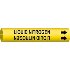 Yellow snap-on pipe marker with black legend reading 'Liquid Nitrogen' and directional arrows. Fits pipe outer diameters from 2-1/2 to 3-7/8 inches. Used to identify pipes carrying liquid nitrogen in industrial and laboratory settings.