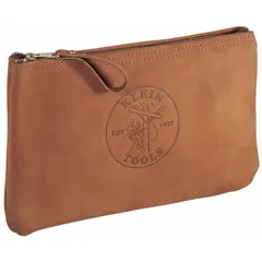 Brown leather flat zippered tool bag with one inside pocket. Measures 12-1/2 inches wide by 3/4 inch deep by 7 inches high. Suitable for carrying hand tools, meters, and small parts in a slim profile that fits in toolboxes or service vehicles.