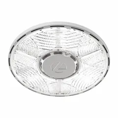 Round LED bay light for general distribution lighting in commercial and industrial spaces. Operates on 120 to 277V AC with a color temperature of 5000K. Designed to replace (6) lamp T8 HBF fixtures.