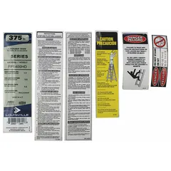 This label kit is designed to replace worn or missing safety and identification labels on Louisville Ladder equipment. It fits manufacturer model number FP1403HD and is compatible with several other models. The kit includes labels necessary for maintaining clear warnings and compliance on compatible ladders.