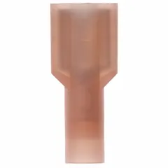 Fully insulated female quick disconnect socket with red nylon full coverage insulation. Designed for 22 AWG to 18 AWG wire sizes. Used for making secure, removable electrical connections in control panels, appliances, and industrial equipment.