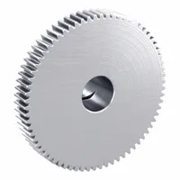 Metric spur gear with locking hub, module 0.5, 70 teeth, 8 mm bore, 20° pressure angle. Made of SUS303 stainless steel, JIS N8 precision (JIS B1702-1:1998). Suitable for power transmission and motion control in machinery and automation