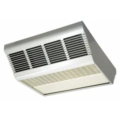 Fan-forced electric ceiling heater with selectable wattage output of 2000W, 3000W, or 4000W. Operates on 277V AC, 1-phase power. White finish. Dimensions: 10-1/2 in H x 16-7/16 in W x 5-3/4 in D. Thermostat not included. Suitable for overhead mounting in commercial and industrial spaces such as warehouses, workshops, and retail areas.