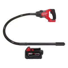 This 18V DC cordless concrete vibrator is designed for handheld use in consolidating freshly poured concrete. It features a 4 ft length, 1 in diameter, and 4 in radius. The unit is supplied as a bare tool (battery and charger sold separately) with a 5.0 Ah battery included.