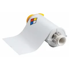 Vinyl precut label roll with acrylic adhesive for indoor/outdoor use. Features an NFPA diamond with a blank text area for on-demand printing. Compatible with BBP85 printer series. Commonly used for hazard communication labeling on equipment, containers, and walls in industrial facilities.