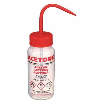 DYNALON Wash Bottle: 250 mL, Acetone, Red, Wide, Std Spout Spout, Colorless - Wide Mouthed Standard Spout Wash Bottles