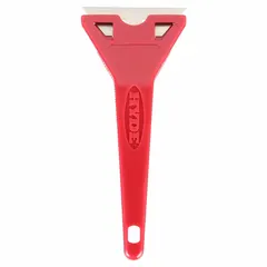 Razor scraper with a carbon steel blade in a straight shape, designed for scraping paint, adhesive, and coatings from flat surfaces such as glass, metal, and wood. The polypropylene handle provides a comfortable grip for extended use.