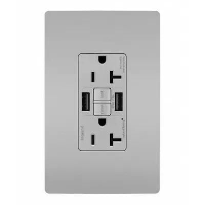 LEGRAND Receptacle: Duplex, 5-20R, 2 USB Ports, USB Type A, Gray, 125V AC, 20 A - Weather-Resistant Receptacles with USB Chargers