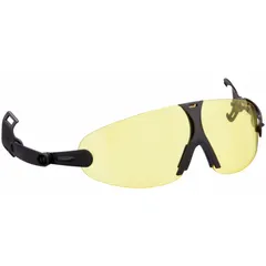 This eye shield assembly is designed for mounting on hard hats and helmets via a suspension system. The amber lens and frame provide glare reduction, while the anti-fog and scratch-resistant coating maintains clear vision in demanding work environments. Suitable for construction, manufacturing, and maintenance applications requiring impact protection.