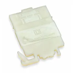 Clip-on mount end stop and clamp providing physical isolation at the end of a terminal block assembly. Compatible with SQUARE D 9080GD6 terminal blocks. Natural finish. Used in industrial control panels and electrical distribution systems.
