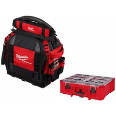 This tool tote is constructed of polyester in a black/red color. It measures 10 inches wide by 16 inches deep by 19 3/4 inches high. A removable shoulder strap is included for convenient carrying. Suitable for organizing and transporting hand tools, power tools, and accessories on job sites.