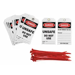 Polyester tag printed with 'UNSAFE DO NOT USE SIGNED BY___DATE___' in English. Includes fields for date and signature. Used in lockout/tagout procedures to mark equipment as unsafe for use during maintenance or servicing.