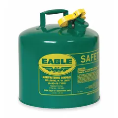This Type I safety can is designed for storing and dispensing oil in industrial settings. Constructed from powder-coated steel with a green finish, it has a 5-gallon capacity and a single opening for filling and pouring. Suitable for use in machining, maintenance, and plant operations where flammable liquids are handled.