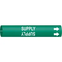 Green pipe marker with white 'Supply' legend and directional arrows. Fits pipe outer diameters from 3/4 to 1-3/8 inches. Snap-on design for quick installation on supply piping in industrial facilities, aiding in pipe identification and tracing
