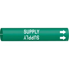 Green pipe marker with white 'Supply' legend and directional arrows. Fits pipe outer diameters from 3/4 to 1-3/8 inches. Snap-on design for quick installation on supply piping in industrial facilities, aiding in pipe identification and tracing.