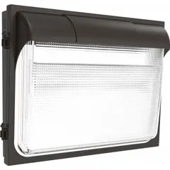 Full-size LED wall pack delivering 13,200 lumens at 4000K with Type III distribution for wide area coverage. Operates on 120 to 277V AC, consumes 108 W, and measures 14 inches in overall height with a bronze finish. Suitable for outdoor perimeter lighting on commercial and industrial buildings, including entrances, loading docks, and parking areas.