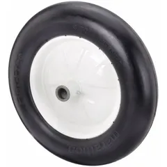 Flat-free polyurethane foam wheel with 15-1/2 in diameter, 3-5/8 in width, and 1 in axle size. Tire sidewall number 4.80/4.00-8. Suitable for industrial carts, dollies, and material handling equipment requiring puncture-proof performance.