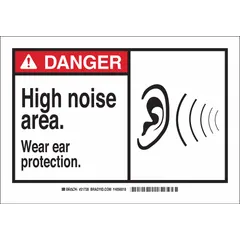 This adhesive-mounted sign warns of high noise areas and instructs personnel to wear ear protection. Made of polyester, it measures 3 1/2 inches by 5 inches and is not retroreflective. Suitable for indoor or sheltered industrial environments where adhesive application on clean, dry surfaces is feasible.