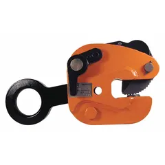 Steel locking and turning plate-lifting clamp with load ring attachment. Manual vertical lift with 180° flip. Working load limit 6,000 lb. Used for lifting and turning steel plates in fabrication, shipbuilding, and heavy equipment maintenance.
