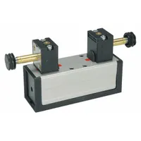 Four-way, two-position solenoid air control valve with single solenoid and spring return. Internal pilot actuation. 5599-1 configuration. Used to direct compressed air in pneumatic systems for actuating cylinders and other automated equipment