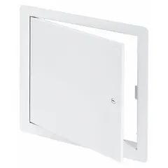 This latching access door is constructed from 16 ga steel with a white finish. It features a hidden pin hinge and exposed flange, designed for ceiling mounting. Suitable for providing access to mechanical, electrical, or plumbing systems behind walls or ceilings.