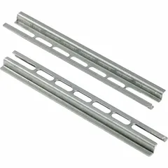 Steel mounting channel for terminal blocks, NEMA standard type. Overall length 6 in, overall height 0.22 in. Used for organizing and securing terminal blocks in control panels and electrical enclosures.