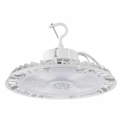 Round LED bay light for high-bay applications with mounting heights of 39 to 49 feet. Operates on 120 to 277V AC and replaces 250W to 400W metal halide fixtures. Available in 3500K, 4000K, or 5000K color temperature with selectable lumen output.