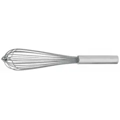 Whisk with a 12-inch overall length and a silver stainless steel handle. Suitable for blending, whipping, and mixing ingredients in food preparation. Not dishwasher safe. Not NSF certified.