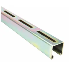 This slotted strut channel is fabricated from 12-gauge steel with a zinc-plated finish. It features long slotted holes measuring 13/32 in x 3 in on 4-inch center-to-center spacing. Used for structural framing, cable tray support, pipe clamping, and equipment mounting in industrial and commercial applications.