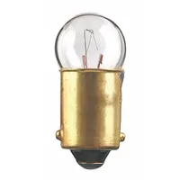This incandescent lamp features a BA9s single-contact miniature bayonet base and a G3-1/2 globe shape. It operates at 7.5V AC and produces white light. Commonly used for indicator and pilot lighting in control panels, instrumentation, and low-voltage signal applications