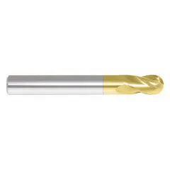 Double-end carbide ball end mill with TiN coating and 4 flutes. Mill diameter 7/16", length of cut 9/16". Suitable for contouring, slotting, and profiling in mold and die work and general machining. The ball nose design enables smooth curved surface generation, and the double-end configuration extends tool life.