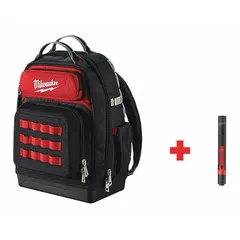 Polyester tool backpack in black and red with 46 inside pockets. Measures 15 inches wide by 20 inches high. Designed for carrying and organizing tools on job sites.
